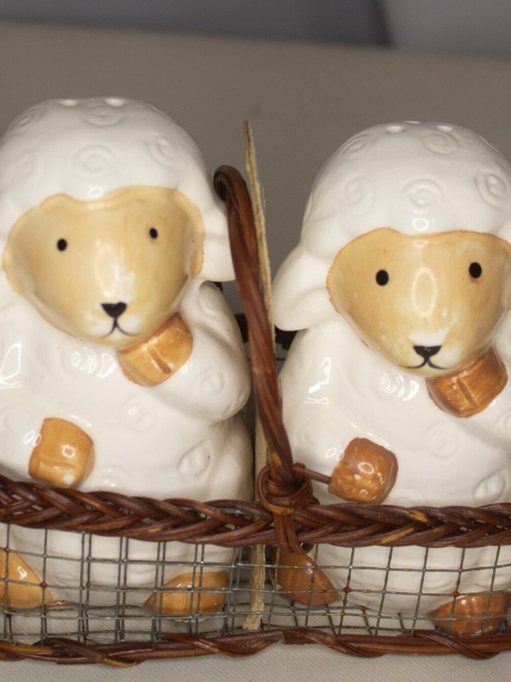 Vintage Lamb Salt & Pepper Shaker Set w/ Basket – Ceramic Sheep